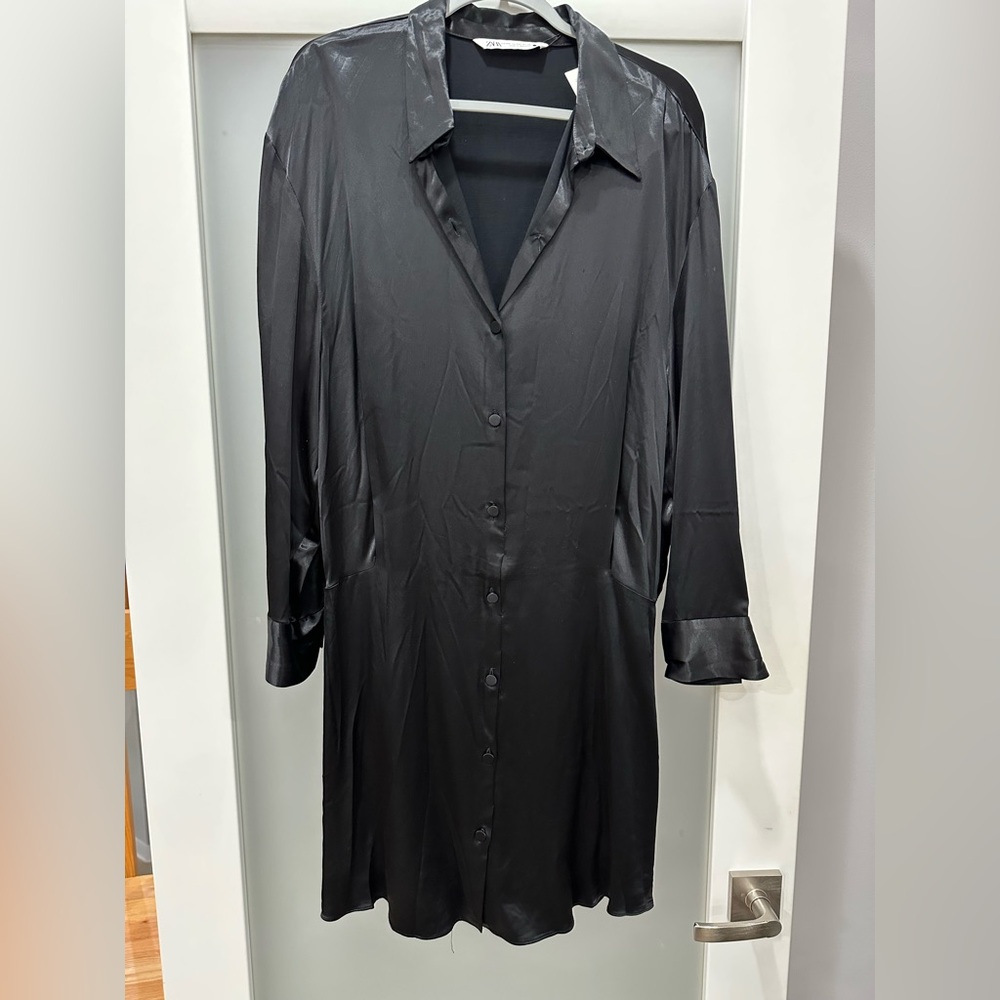 Black Satin Zara Shirt Dress